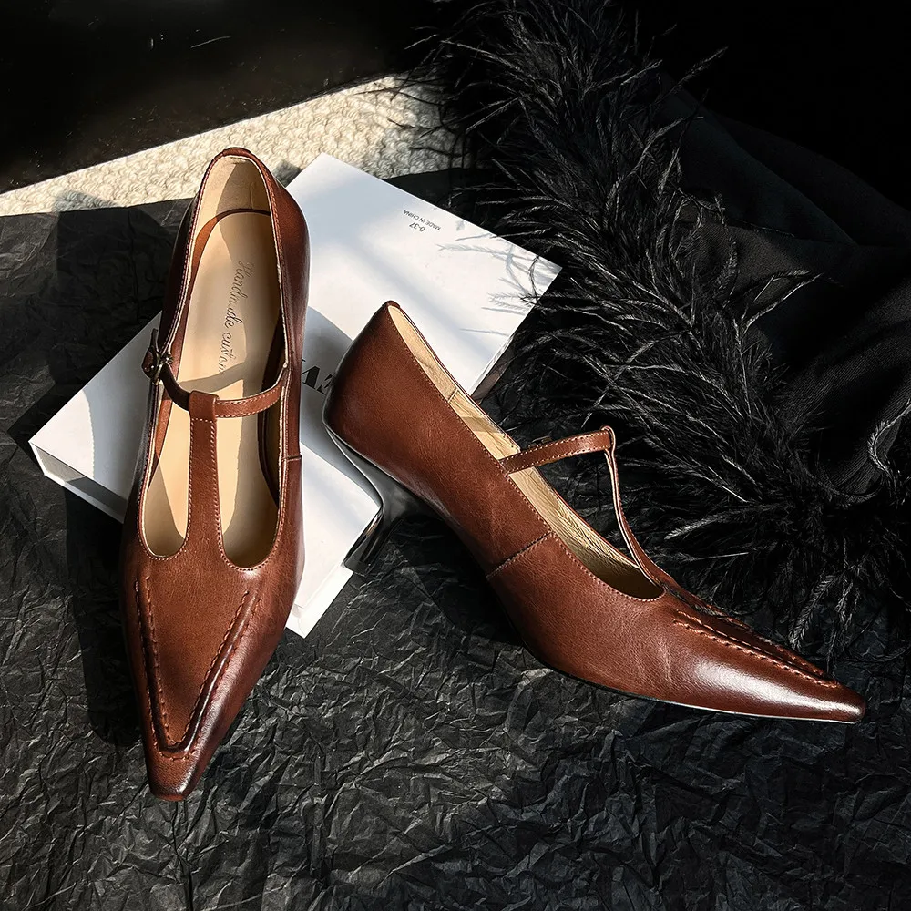 MILI-MIYA Vintage Polished Pointed Toe Women Cow Leather Pumps Thin Heels Pointed Toe Buckle Strap Big Size 34-40 Handmade