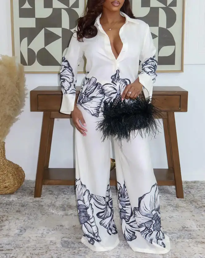 

Two Piece Set Women Outfit 2026 New Floral Placement Print Turn-Down Collar Long Sleeve Button Front Shirt & Wide Leg Pants Set