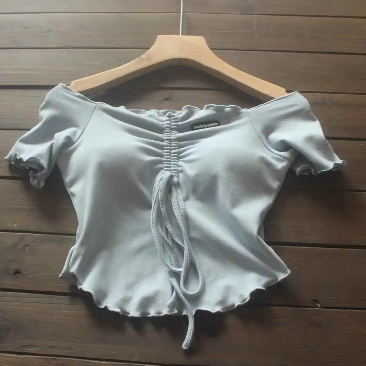 Ele Unique oulder Bared T irt T da donna Faionable Beautiful Summer High ade ort Sve Dstring T-shirt in fibra mista