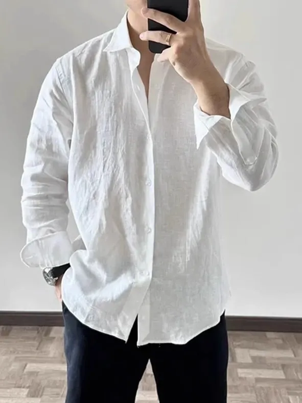 High-End Men\'s Cotton Linen Pleated Shirt Loose Breathable Long Sleeve Sun Protection Casual Versatile Linen  Color Shirt
