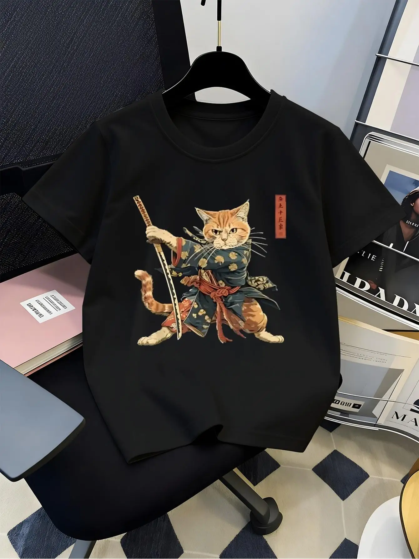 Kids Cool Samurai Cat Japanese Style Graphic Tee Boys Girls Family Matching Short Sleeve Warrior Animal Casual Everyday T Shirt