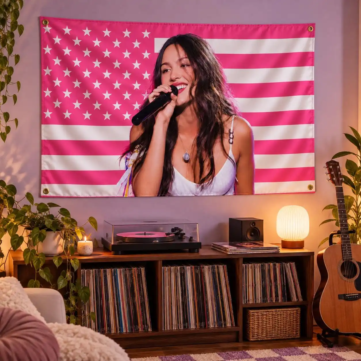 O-Olivia R-Rodrigo Pink USA Flag Tapestry, Pop Singer Wall Tapestry, American Stars and Stripes Banner, Y2K Bedroom House Dorm