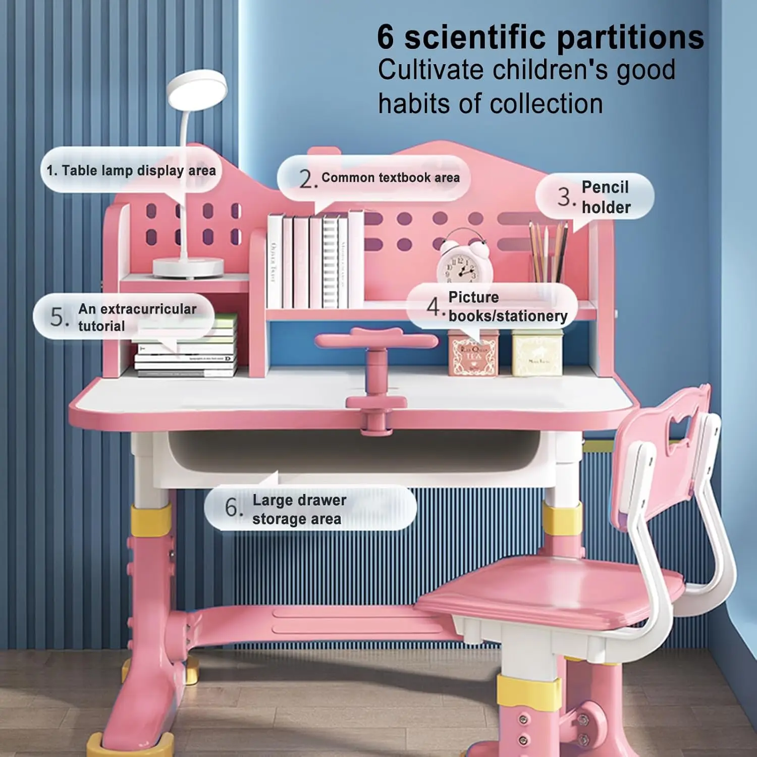 Kids Adjustable Study Desk & Chair Set w/Storage,Drawers,Bookshelf,Child Toddler Writing Homework Table,Little Girl Work Compute