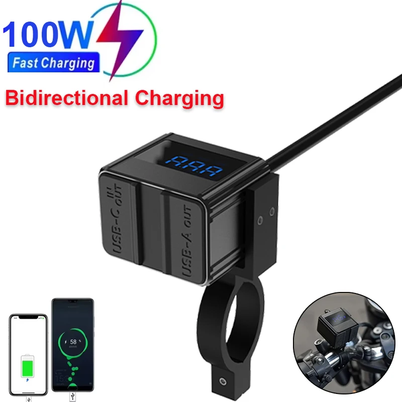Motorcycle USB Charger 100W Bidirectional Fast Charging IPX7 Waterproof Voltmeter Handlebar & Mirror Mount Compatible for Moto