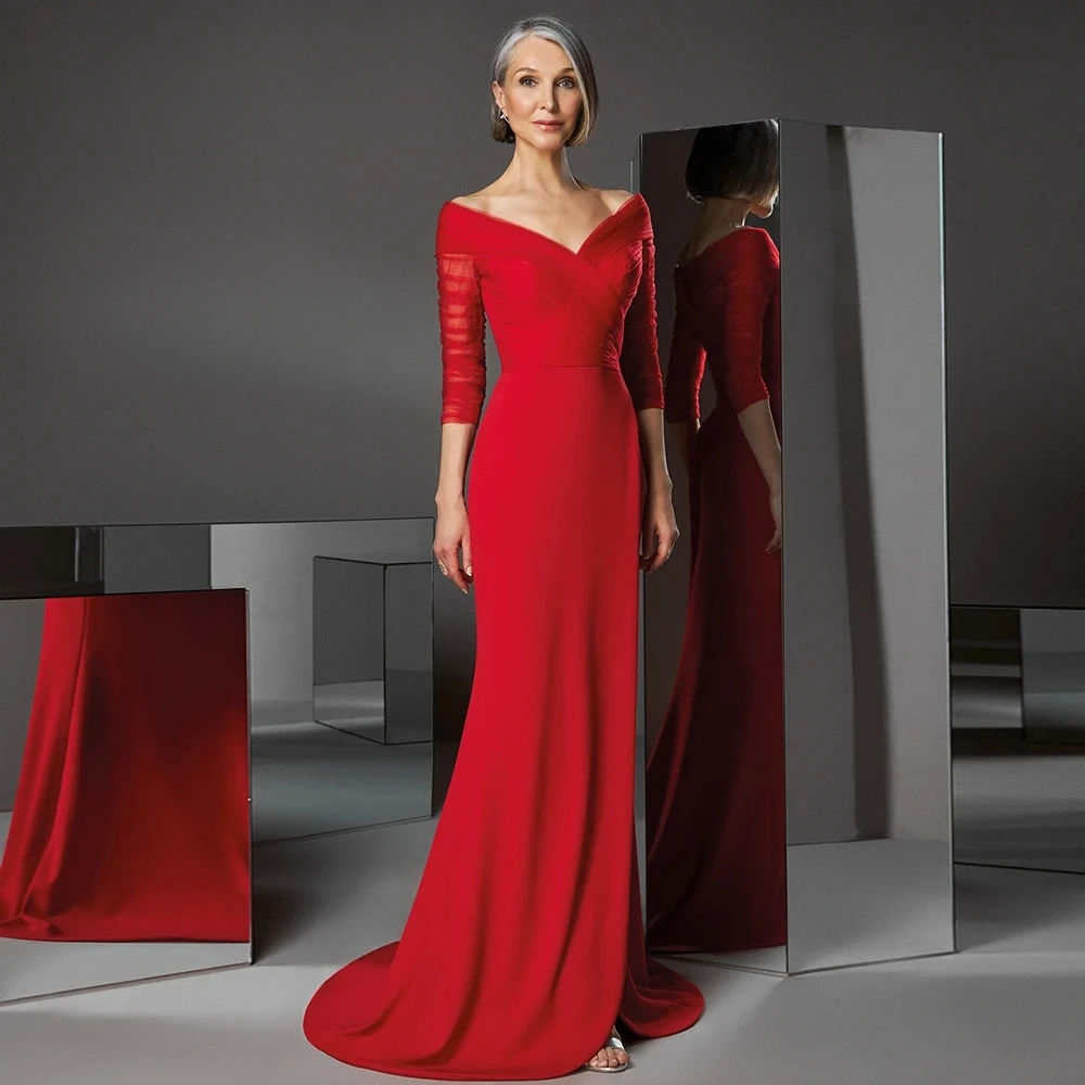 

Elegant Red Mother of The Bride Dress 2026 V-neck 3/4 Sleeve Pleats Tulle Satin Wedding Mom Guest Party Gowns
