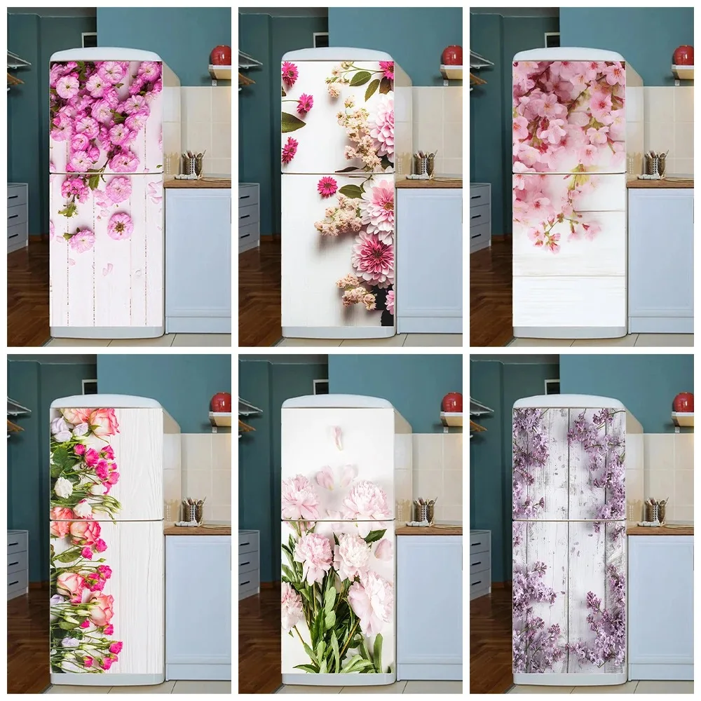 

Waterproof Floral Fridge Door Sticker Self-Adhesive Removable Flower Refrigerator Mural Wrap for Kitchen Home Decor