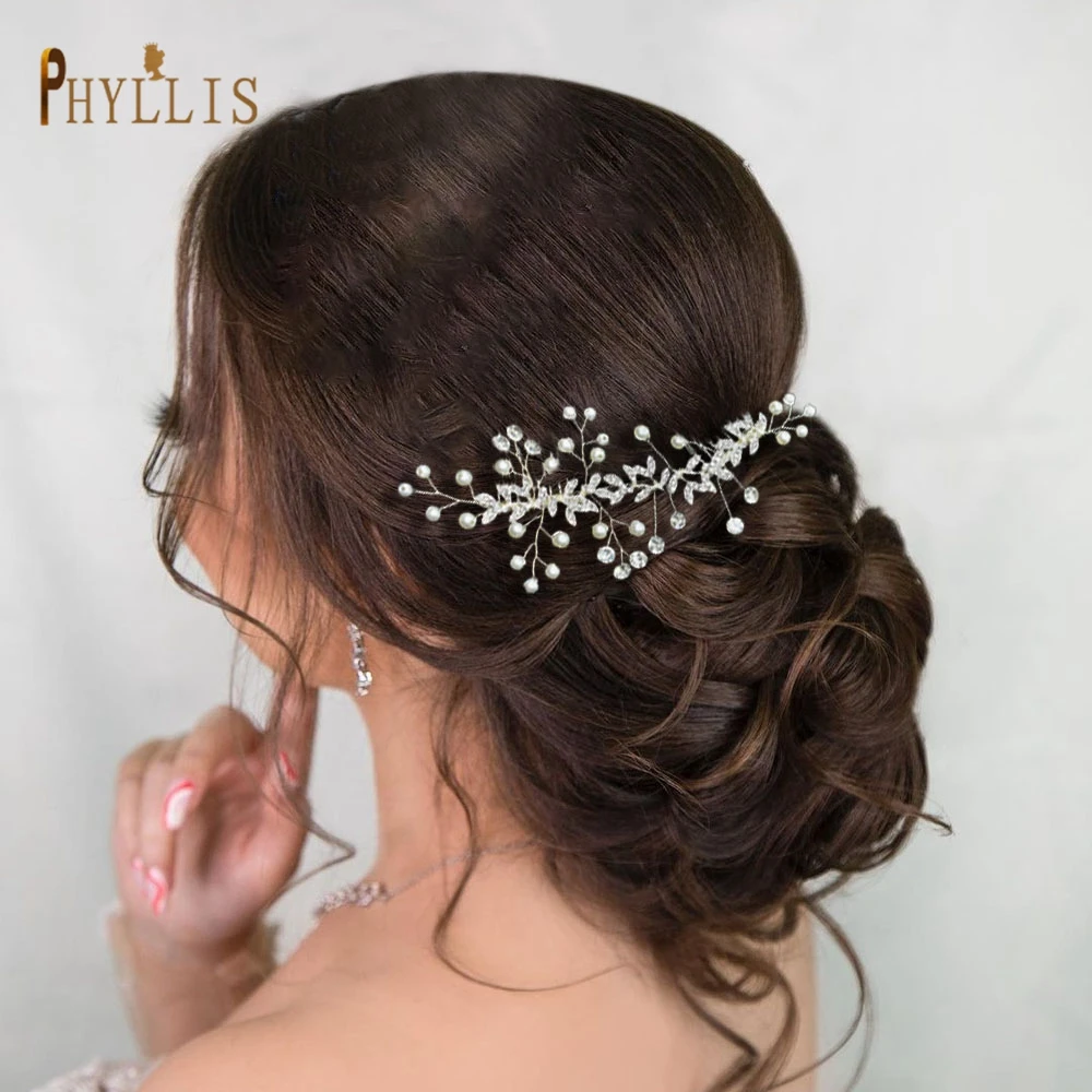 A429เงินเจ้าสาวหวีกิ๊ฟหนีบผม Pin Rhinestone แต่งงาน Hairband Handmade ดอกไม้ตกแต่งผมเจ้าสาวทองผู้หญิง Tiara เพิร์ล Headwear