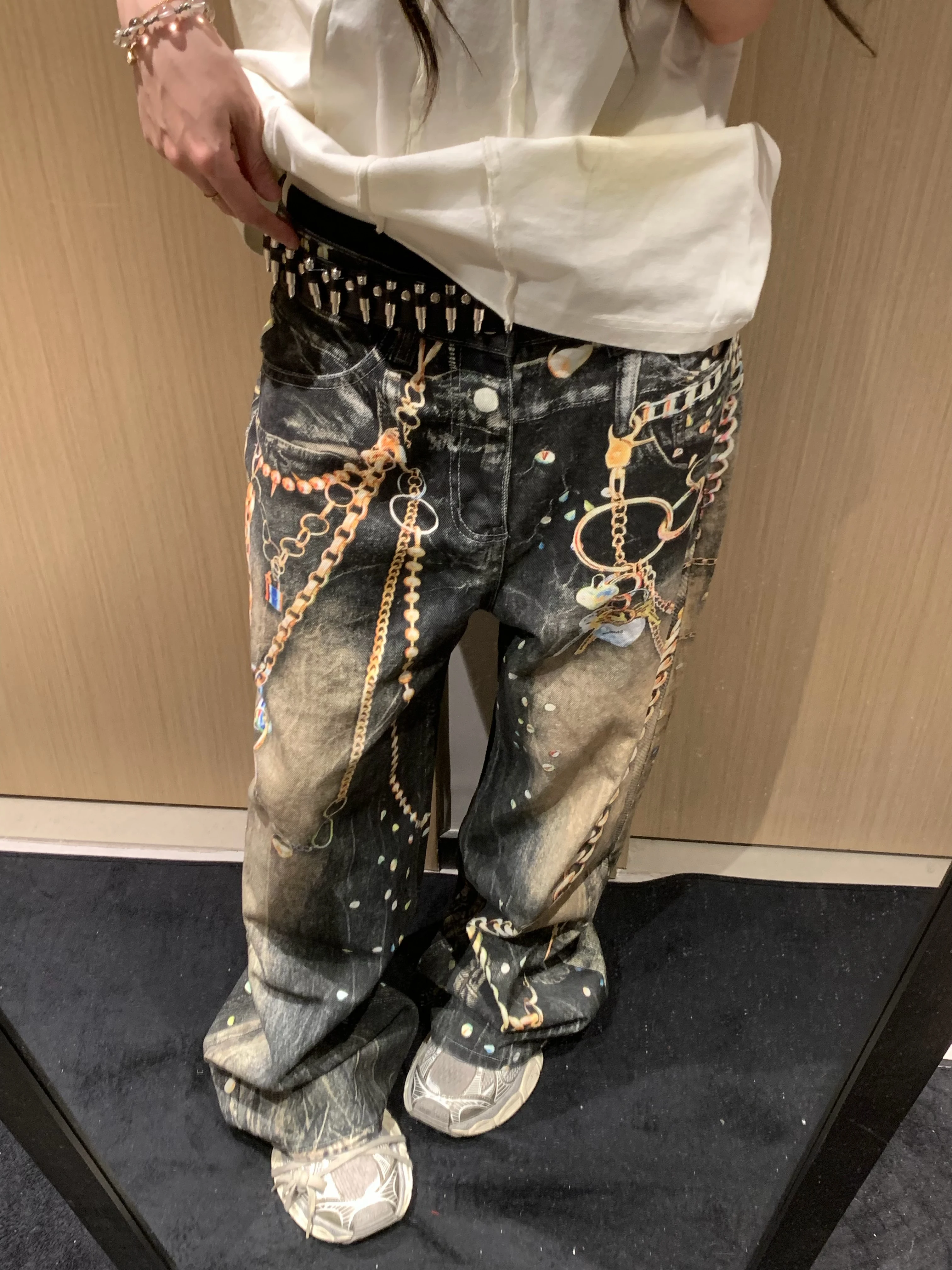 

Retro American High Street Heavy Duty Faded Chains Print Jeans Men Women Loose Straight Wide Leg Casual Long Trousers Trendy