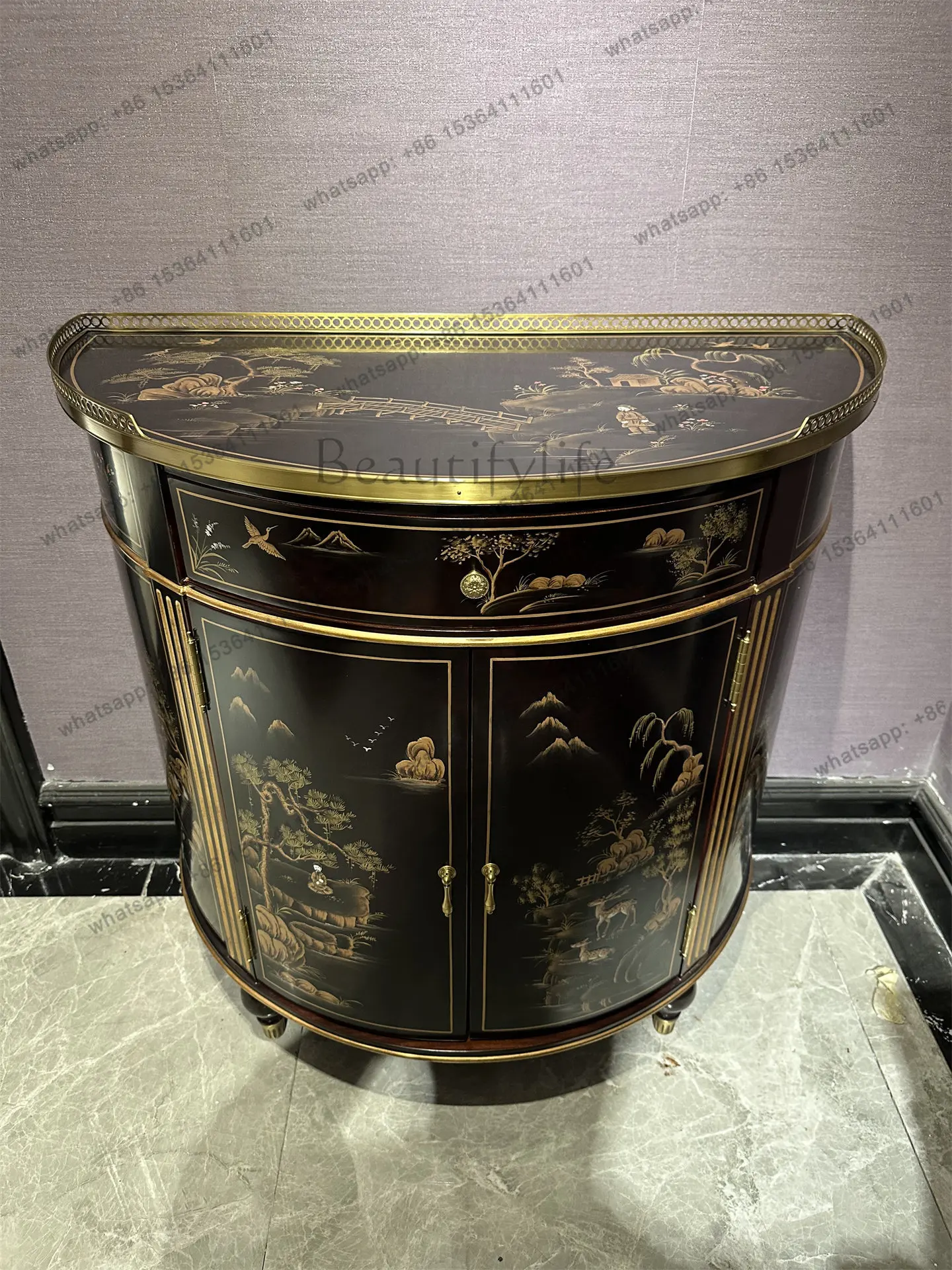American solid wood entrance living room side cabinet semi-round decorative partition storage storage decorative cabinet