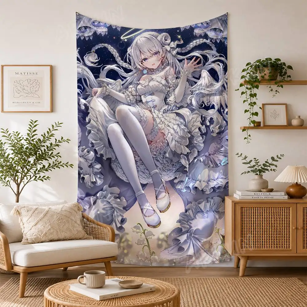 Elegant Angel Anime Girl Tapestry, White Lolita Dress Halo Wing Wall Lily Of The Valley Floral Background Wall Blanket Decor