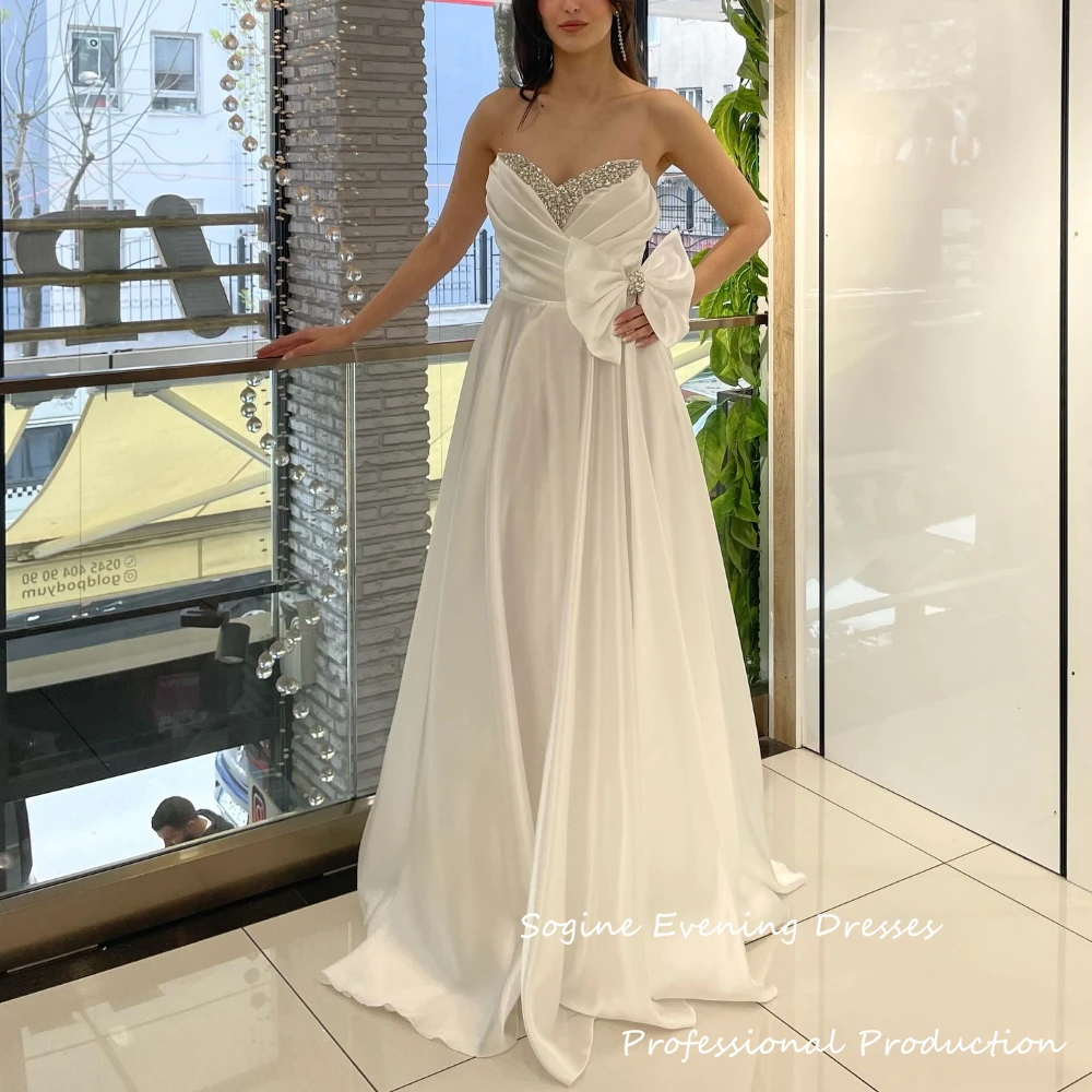 Vestidos de noite de cetim sem alças, vestidos longos de festa de casamento com adornos de cristal até o chão, vestidos de festa de coquetel