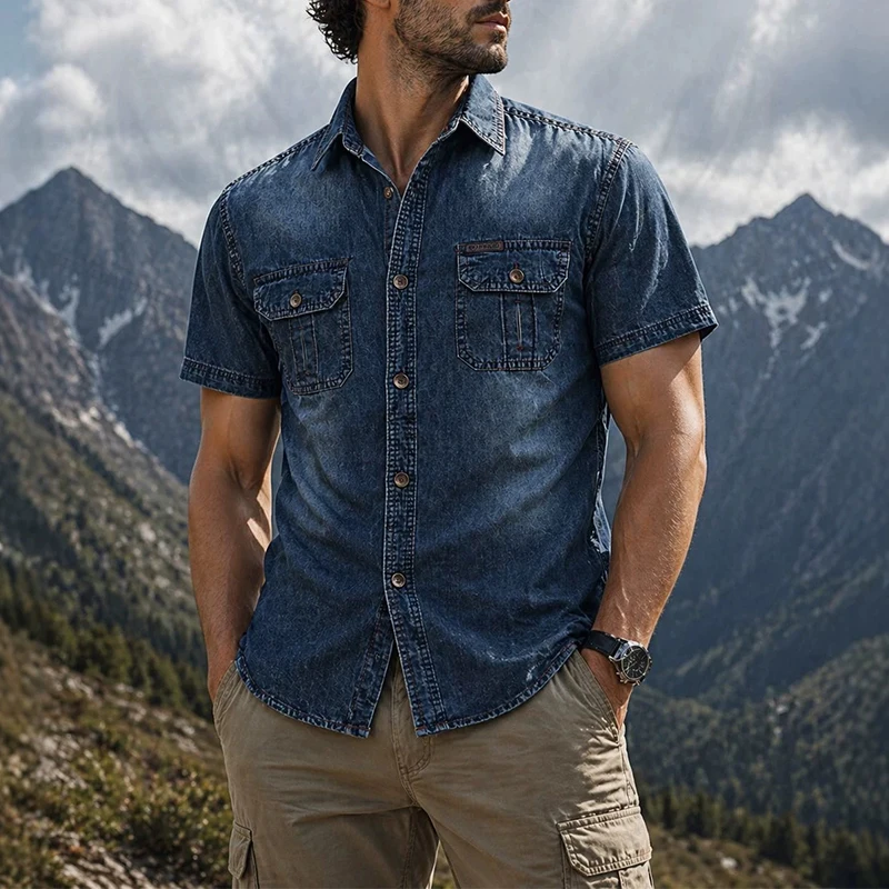 2026 Summer New Casual Mens Jean Shirts Vintage Turn-down Collar Button Denim Cargo Shirt Men Daily Leisure Short Sleeve Shirt