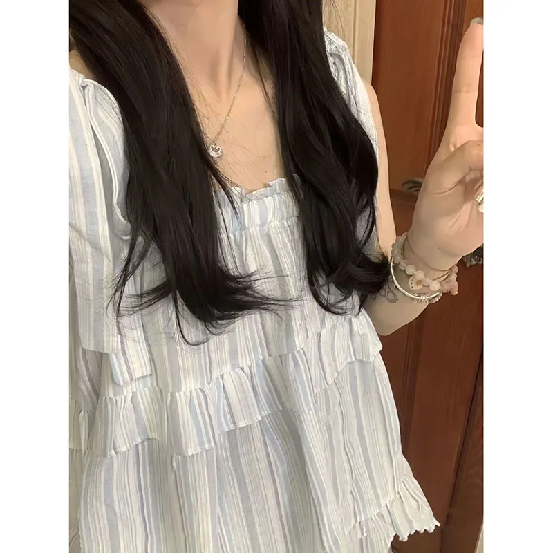 Striped Shirts and Blouses Korea Ruffles Fashion Woman Blouse 2024 Sleeveless Ladies Top Female Tie O-neck Casual Clothes 2024