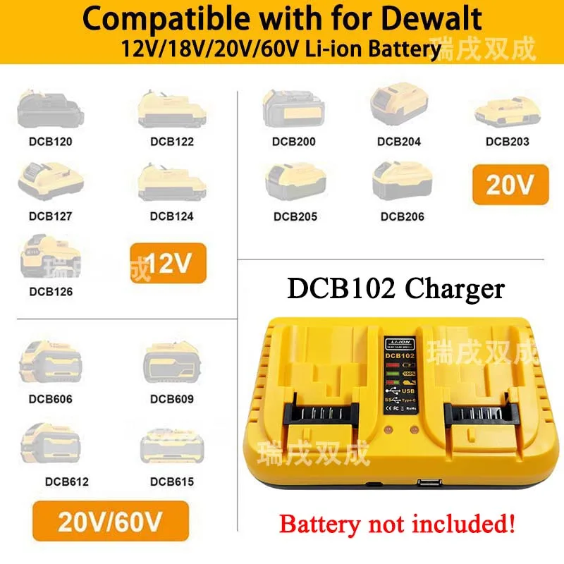 DCB102 Elektrowerkzeug-Lithium-Akku 3A Doppelladegerät für DeWalt 10,8V 12V 14,4V 20V DCB200 DCB203 DCB118 DCB105 DCB107 DCB112
