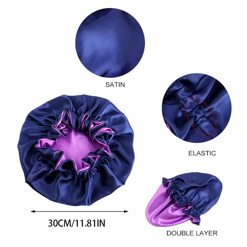 Reversible Double Layer Wrinkled Edge Satin Bonnets Matching Colors Sleeping Hat Night Sleep Cap For Women Shower Cap