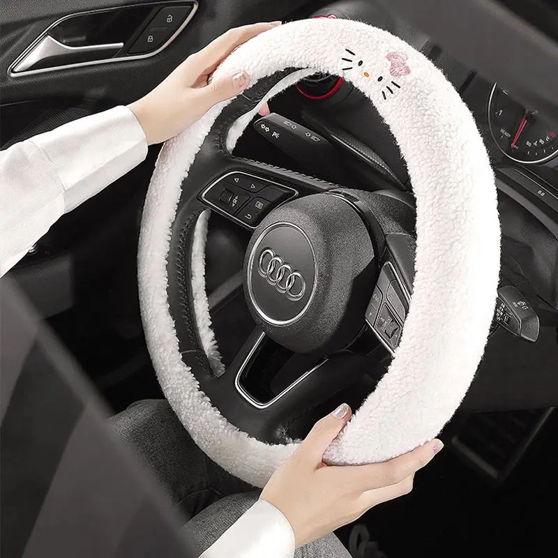 Sanrio Kawaii Hello Kitty Anime Car Steering Wheel Cover Sherpa Suitable for 37-38Cm Anti-Slip Steering Hood Car Decoration Hot