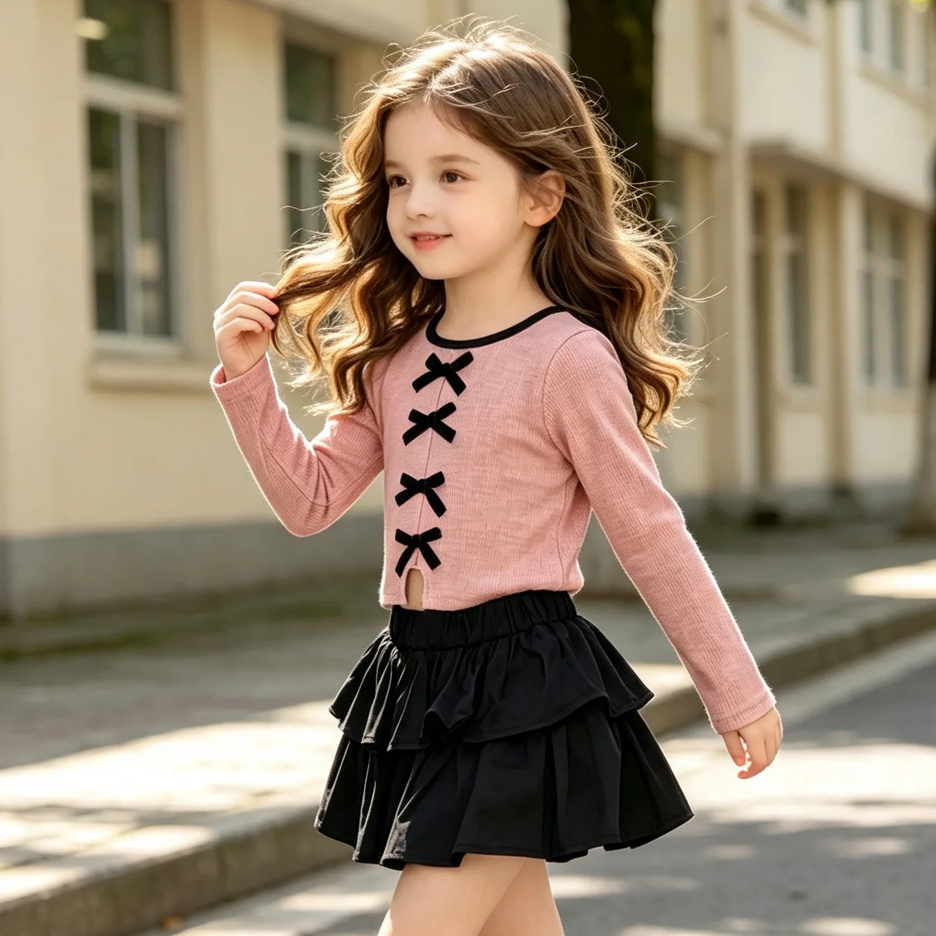 Girls Korean Style 2 Piece Set Fall Kids Criss Cross Pink Bow Knit Top Ruffle Cake Skirt Toddler Casual Outfit 90-140cm