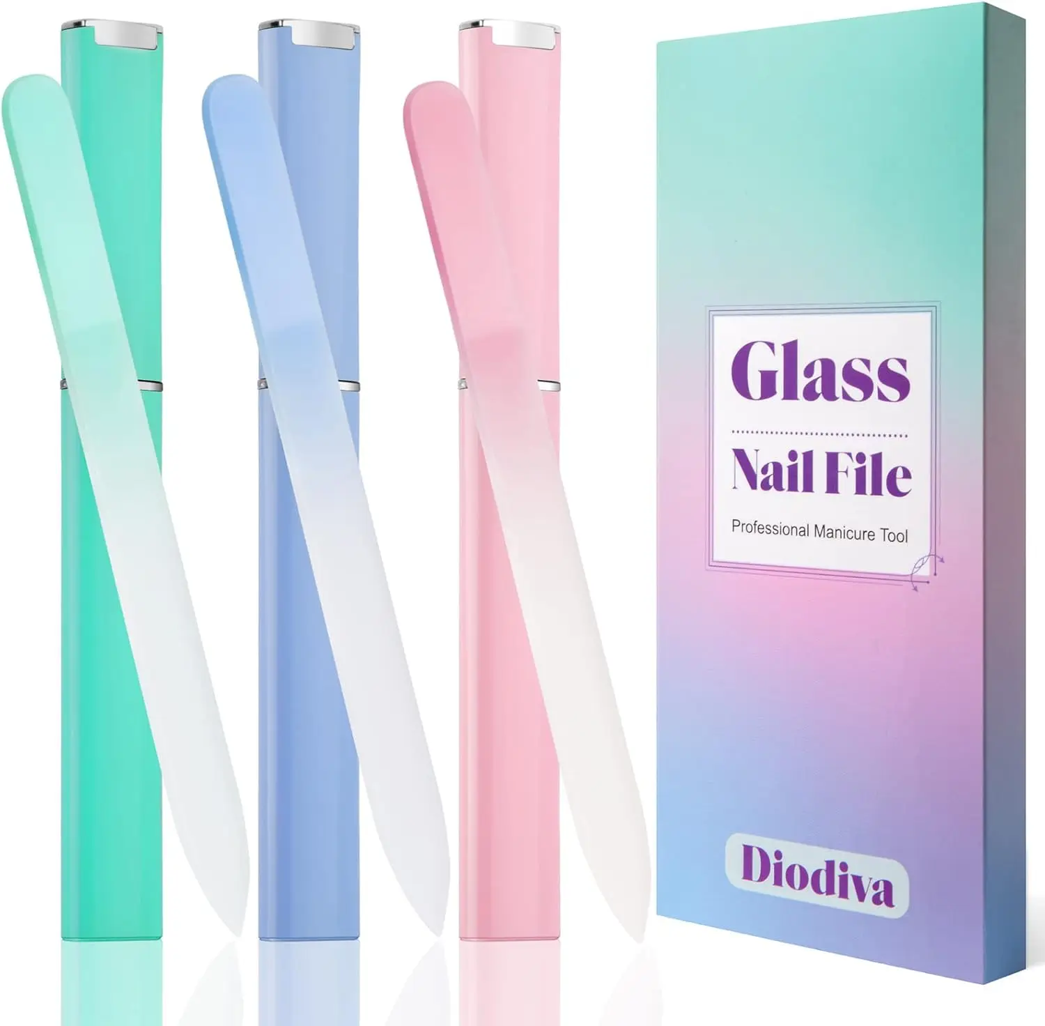 

Glass Nail File 3 Pack for Natural Nails, Unique Christmas Gifts with Case, Professional Etched Filer