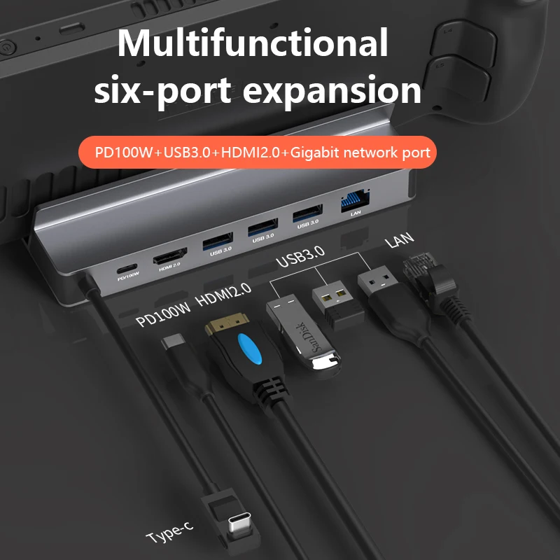 6 in 1 USB C Docking Station for Steam Deck Type C to USB C HUB 4K60Hz 100Mbps Gigabit Ethernet PD 100W USB 3.0 Hub Adapter
