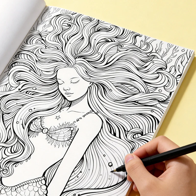 A Hand Drawn Coloring Book To Relieve Anxiety and Calm Down, Mermaid/dragon/elf/wave/mandala Fine Line Draft Coloring Book