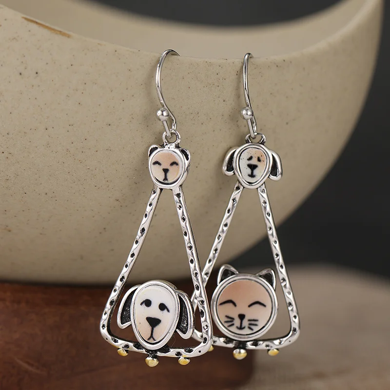 Vintage Women's Triangular Hollow Frame Earrings with Cat and Dog Cartoon Avatars Asymmetrical Design Earrings Cute Jewelry Gift