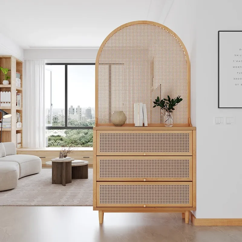 for Japanese Style All Solid Wood Simple Living Room Entry Rattan Screen Cabinet Shoe Cabinet Foyer Cabinet Storage