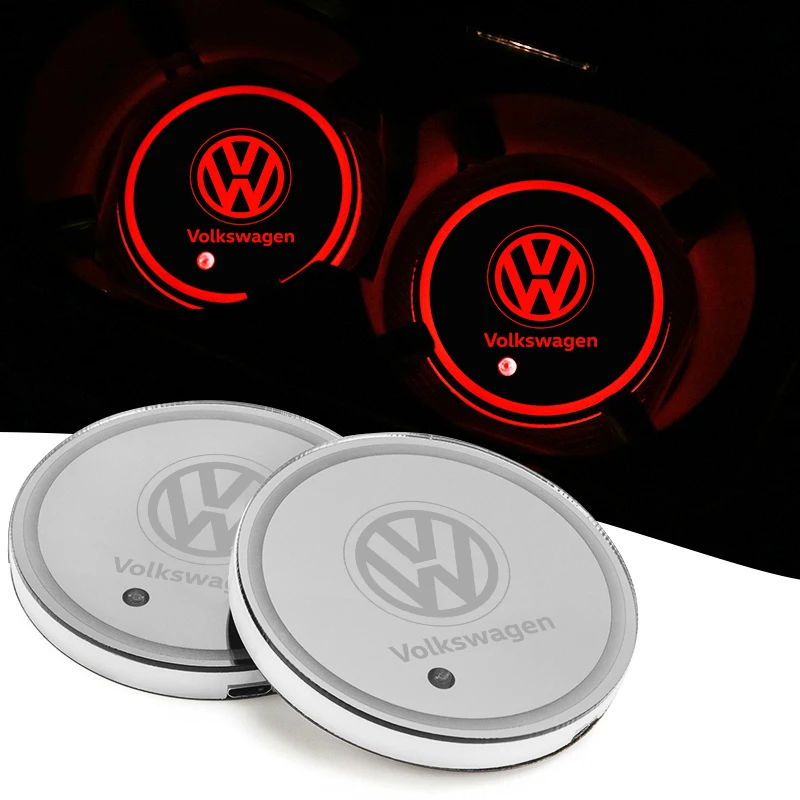 2PC Car Luminous Water Cup Coaster USB Colorful Atmosphere Light Non-Slip Mat For Volkswagen VW Caddy Scirocco CC Touareg Tiguan