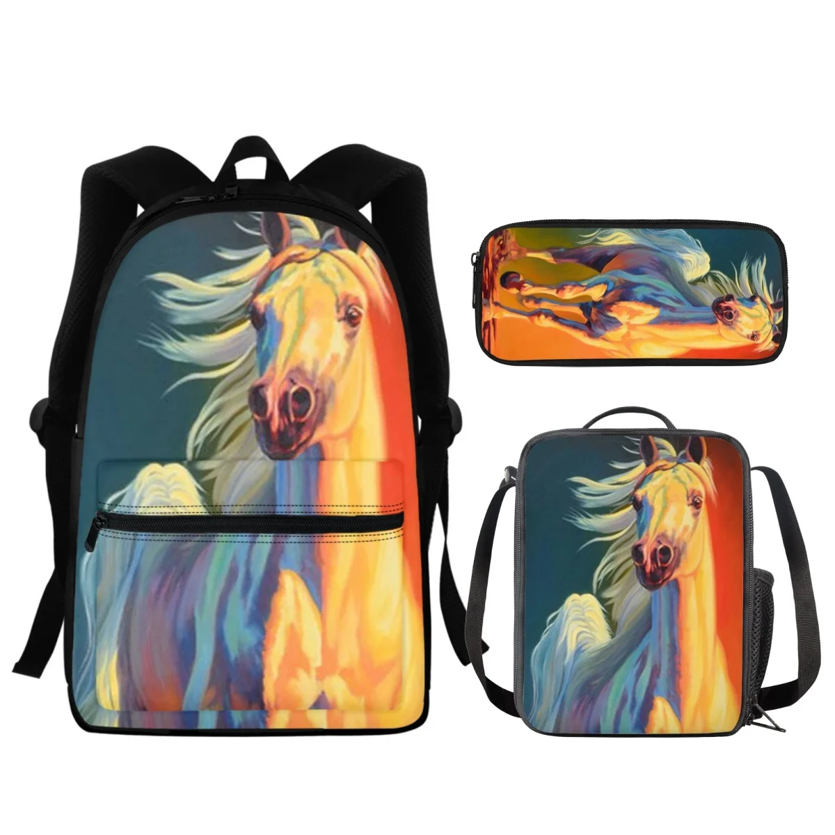 FORUDESIGNS – ensemble de 3 pièces de peinture à l'huile colorée cheval, cartable, trousse à crayon, fournitures scolaires, asymétrique épaule dénudée, sacs de repas à la mode