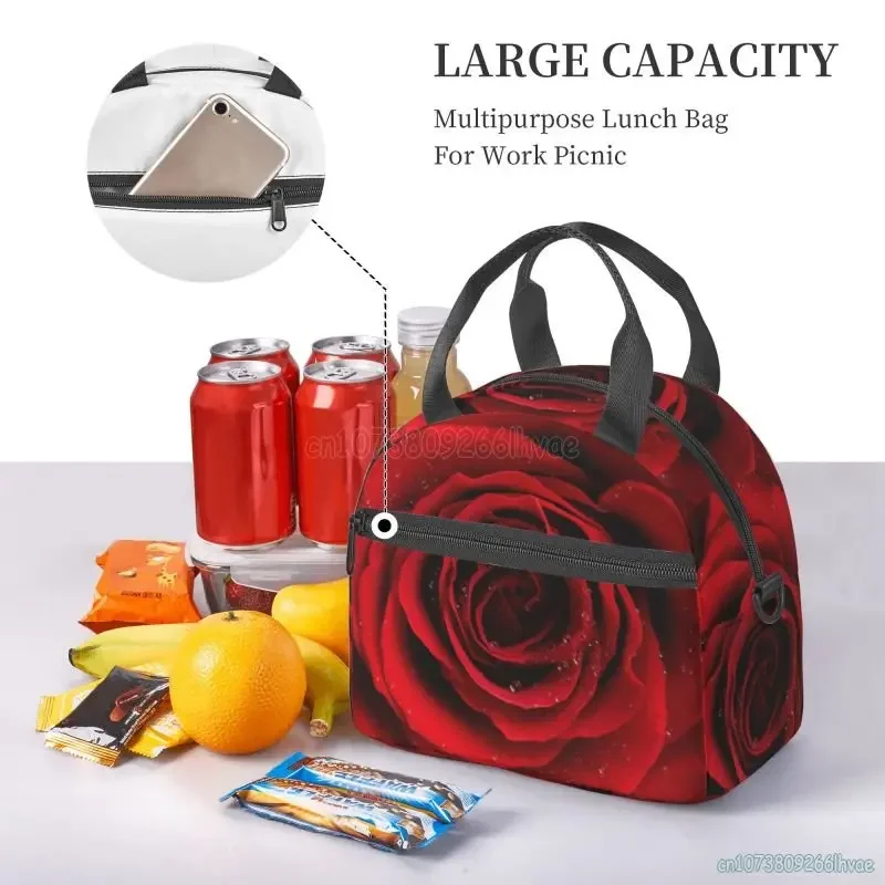 Red Rose Flowers with Raindrop Insulated Lunch Bag Cooler Thermal Bento Tote Bags for Work Travel Picnic Valentine\'s Day Gifts