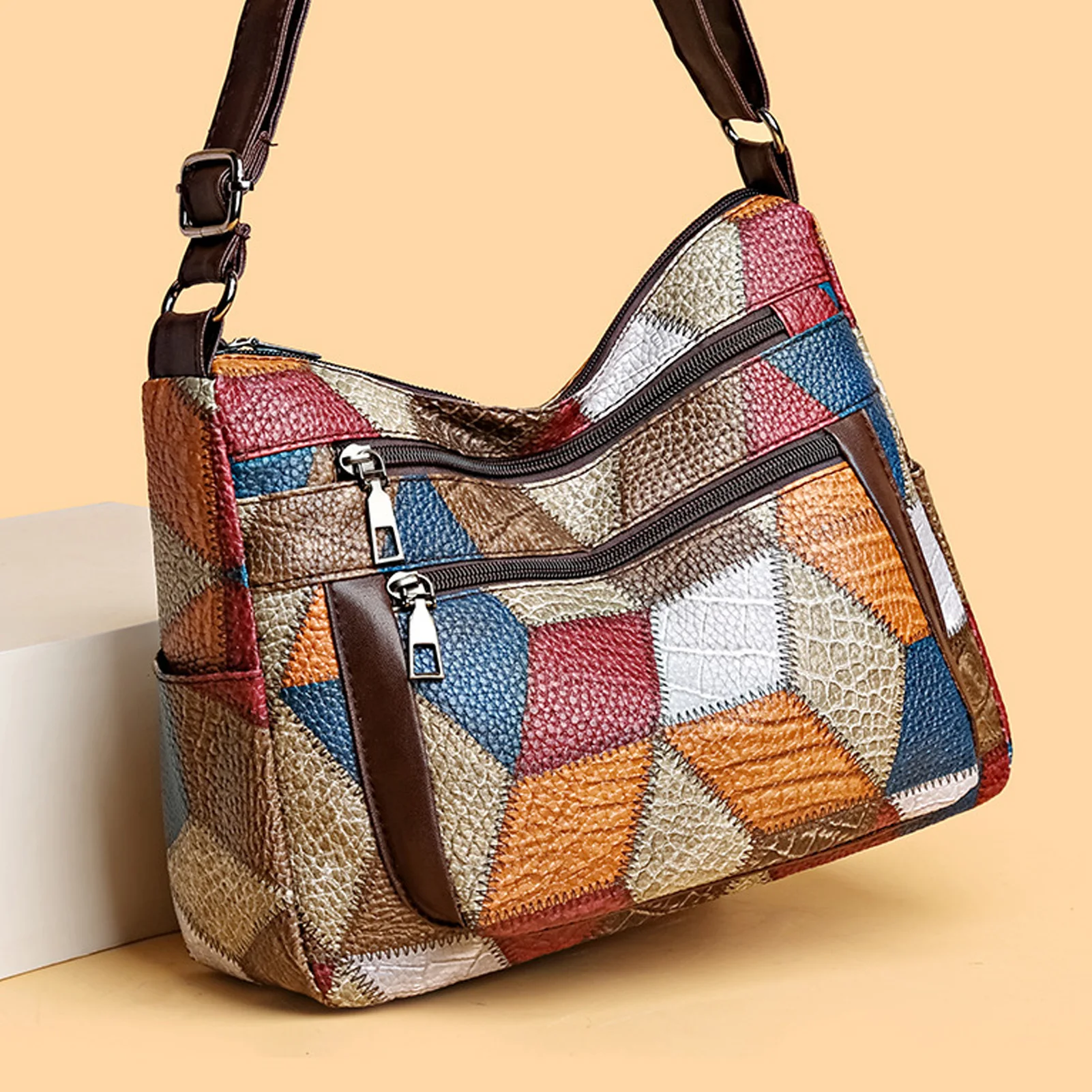 2025 New Women Multilayer Crossbody Bag Contrast Color PU Leather Mother Bag Large Capacity for Shopping Dating Quick Out