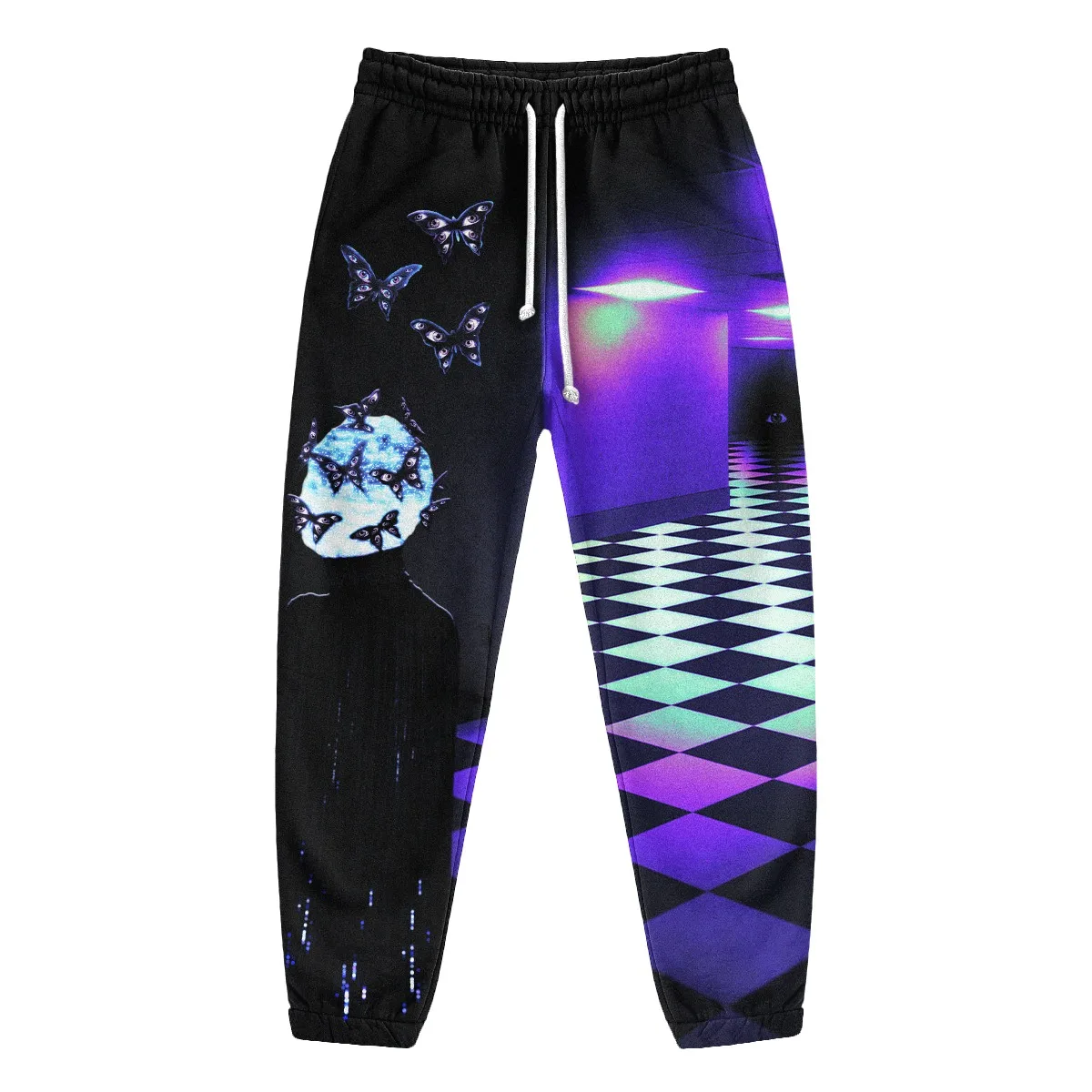 Joggers noirs unisexes ornés d'imprimés de style "dreamcore" surréaliste, avec cordon de serrage, mêlant esthétique grotesque et vaporwave.