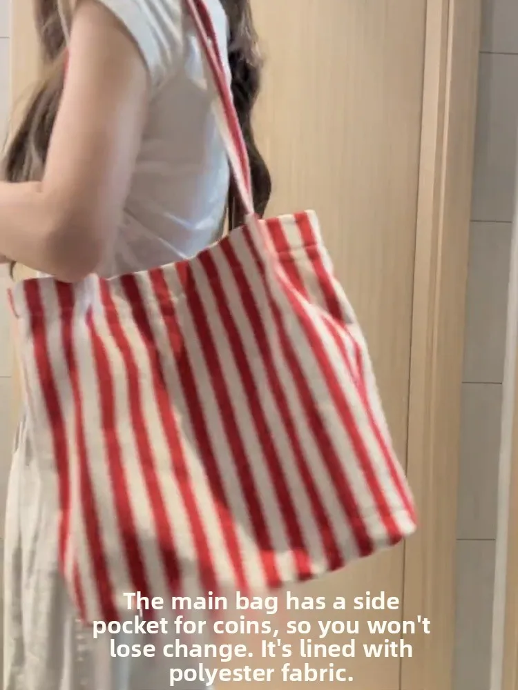 

Korean Sle Ins Beach Stripe Canvas Tote Bag 2025 New Summer Large Capaci Commuter oulder Bag Underarm Bag for Men And W...