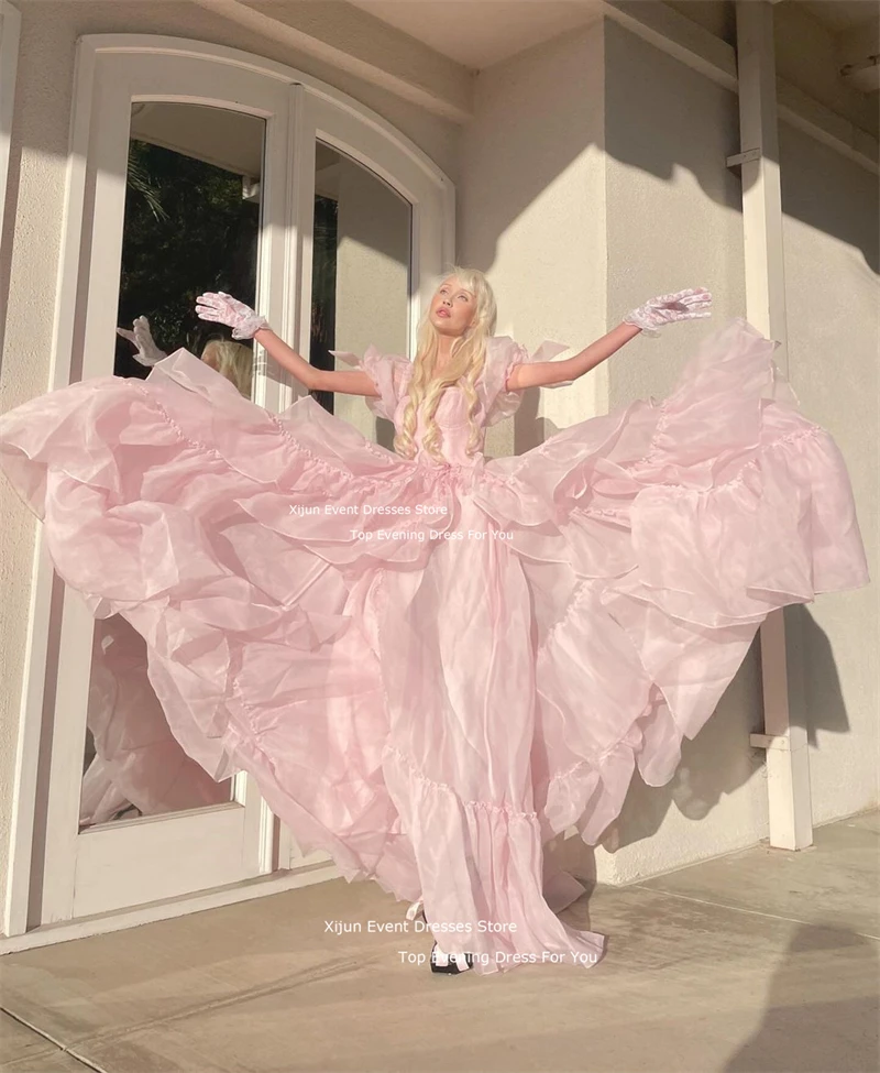 Xijun Blush Pink Princess Long Evening Dresses Tiered Organza Formal Graduation Party Gowns Puff Sleeves Fairy Ball Gowns 2024