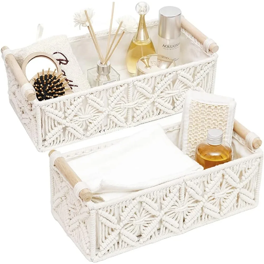 

Macrame Woven Storage Basket Set of Two Boho Style Organizer for Countertop Bathroom Bedroom Entryway