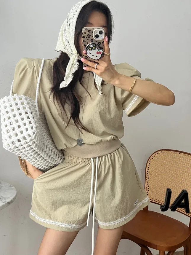 

Sweet Ruffle Lace Patchwork Bubble Sve Top And Wide Leg orts Set Женский круглый комплект Ne ort Sle Dstring Waist