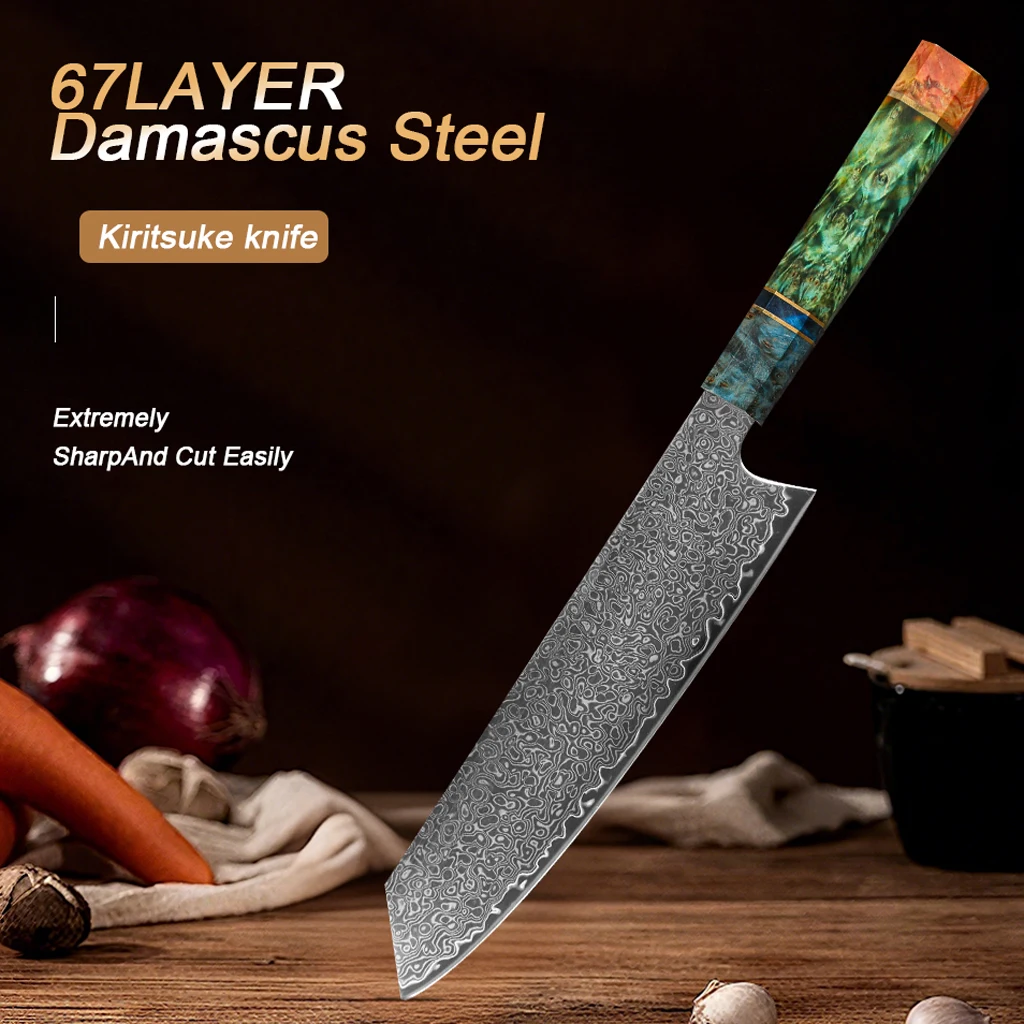 

8 Inch kiritsuke Knife 67 Layers Damascus Steel Kitchen Knives Vegetable Meat Cooking Tools Stabilized Colored Wood Handle