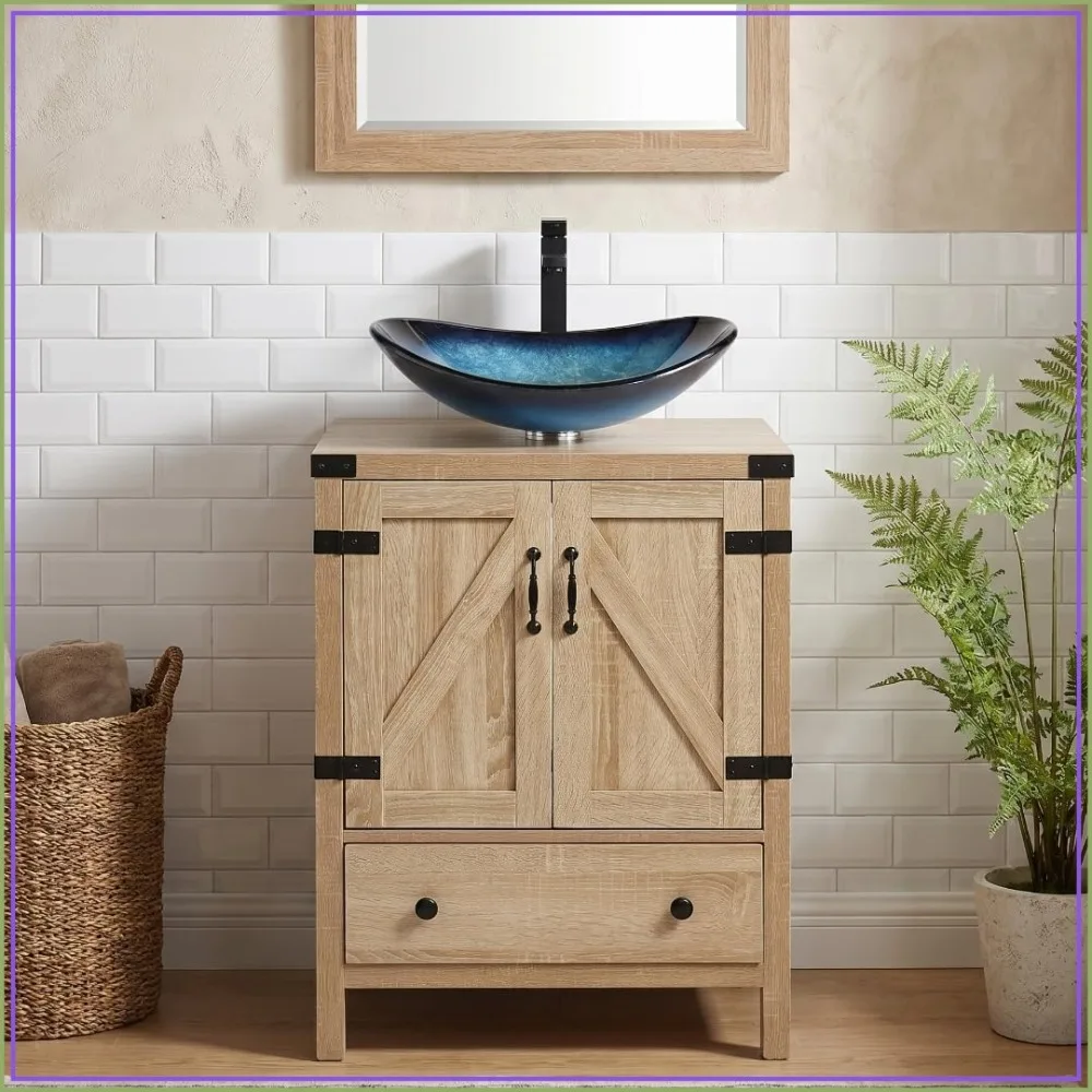 24 inch Natural Color Bathroom Vanity with Blue Vessel Sink, Rustic Pedestal Cabinet