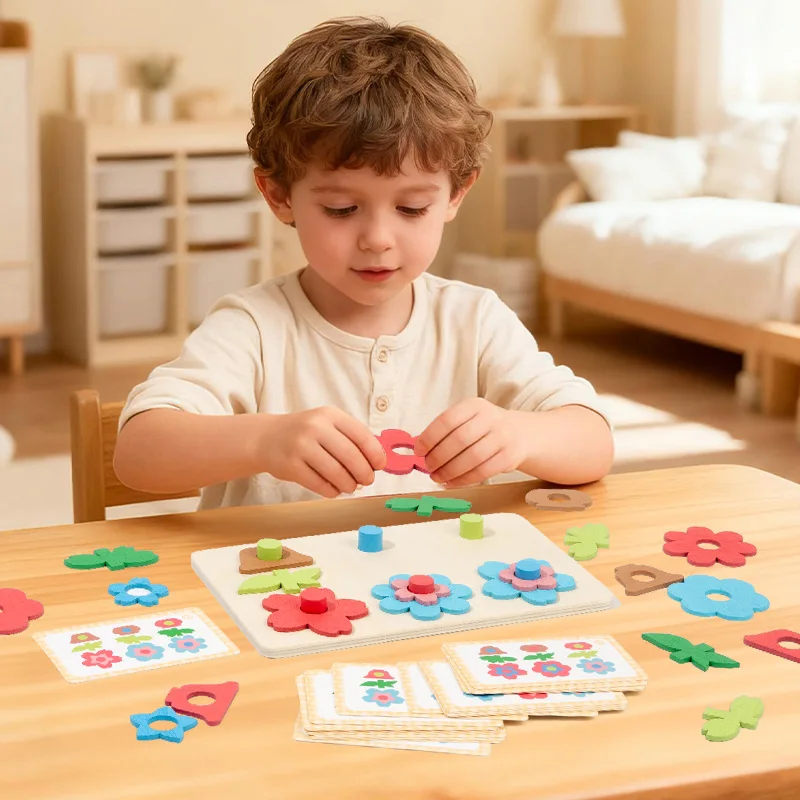 Tablero de rompecabezas de flores versátil emparejado con bloques de construcción, rompecabezas para niños, juguetes de educación temprana, entrenamiento de enfoque