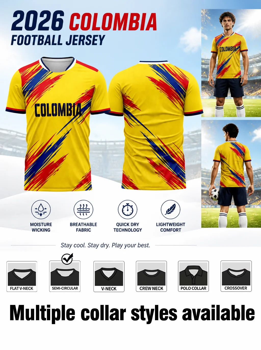 camisa-de-futebol-da-colombia-em-cores-vibrantes-da-bandeira-nacional-tecido-de-malha-respiravel-para-mostrar-o-orgulho-esportivo-nacional-dos-torcedores