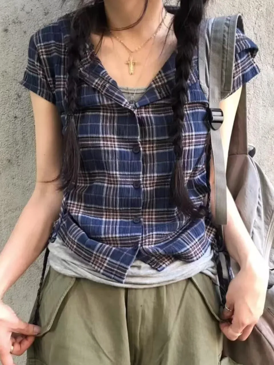 Chic Summer Casual Commute Shirt Short Sleeve Pleated Plaid Drawstring Hooded Button up Top Slim Fit Women's Fashion
