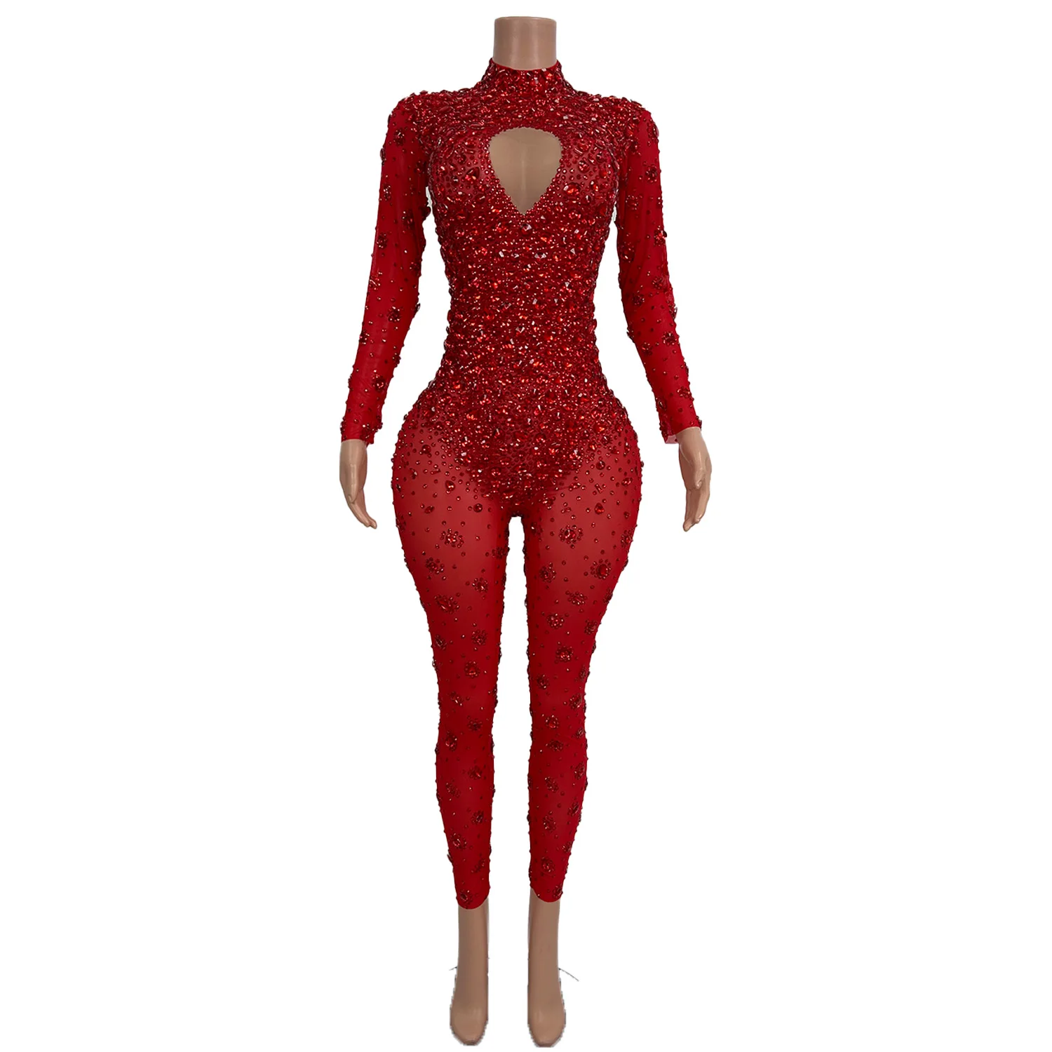 Justaucorps Sexy Rouge avec Strass pour Femme, Tenue de Festival, Pole Dance, Boîte de Nuit, Batterie de ix, Combinaison une Pièce