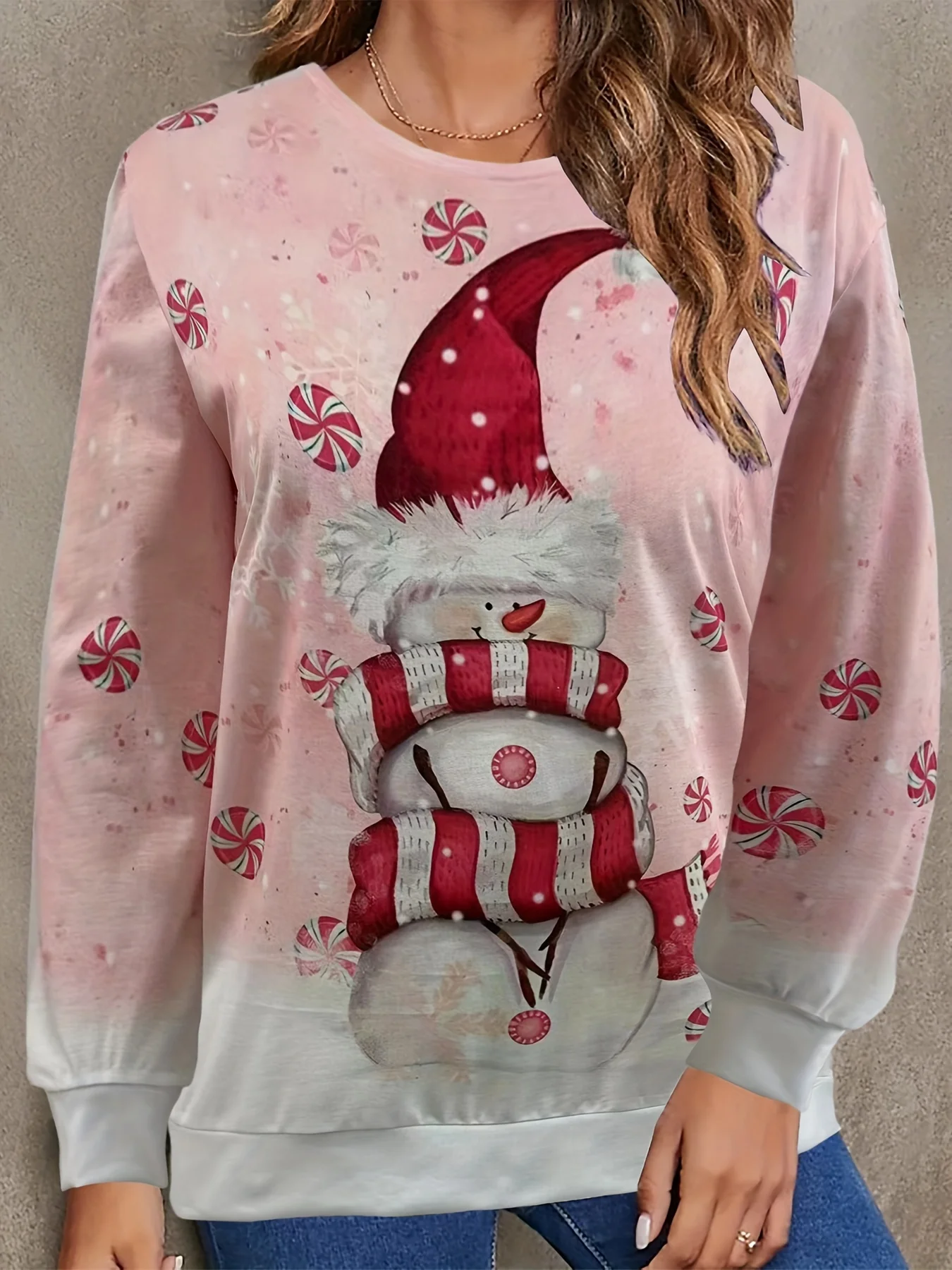 

Womens Cozy Christmas Crew Neck Sweatshirt - Soft Medium Stretch Polyester Pullover with Vibrant Candy & Snowman Print