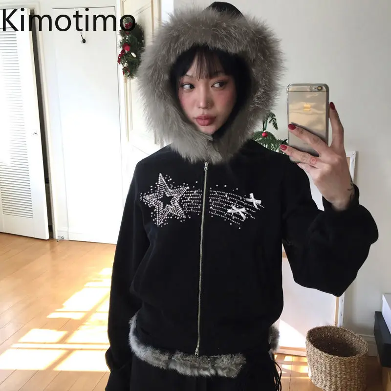 Kimotimo Retro Spicy Girl Fur Collar Hoodies Women New Zipper Short Slim Long Sleeve Sweatshirt Harajuku Versatile Streetwear