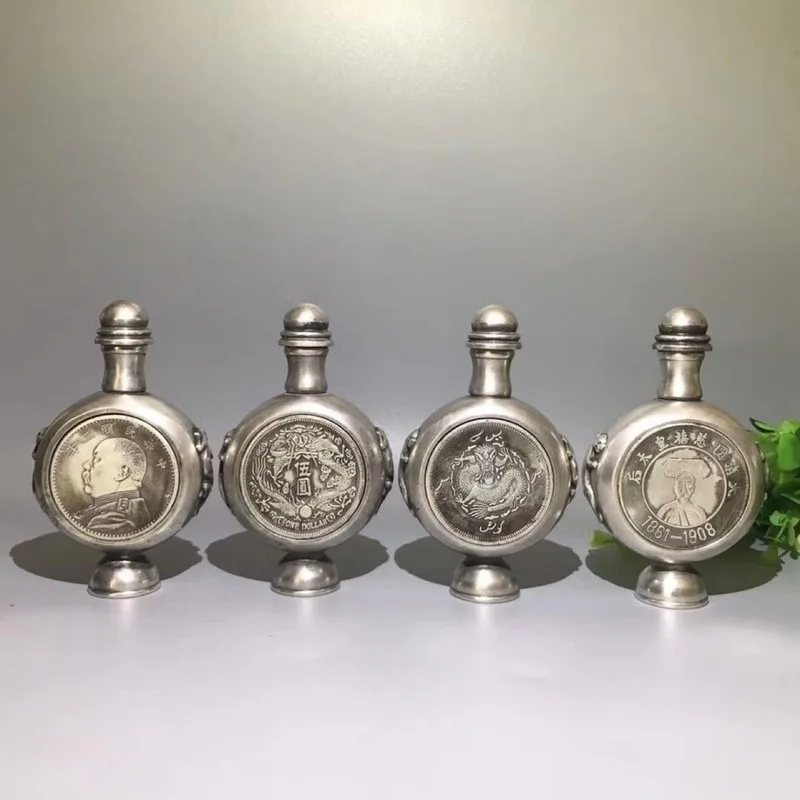 White copper silver-plated snuff bottle ornament, antique copperware collection, pure copper Queen Cixi snuff bottle, smoking ac
