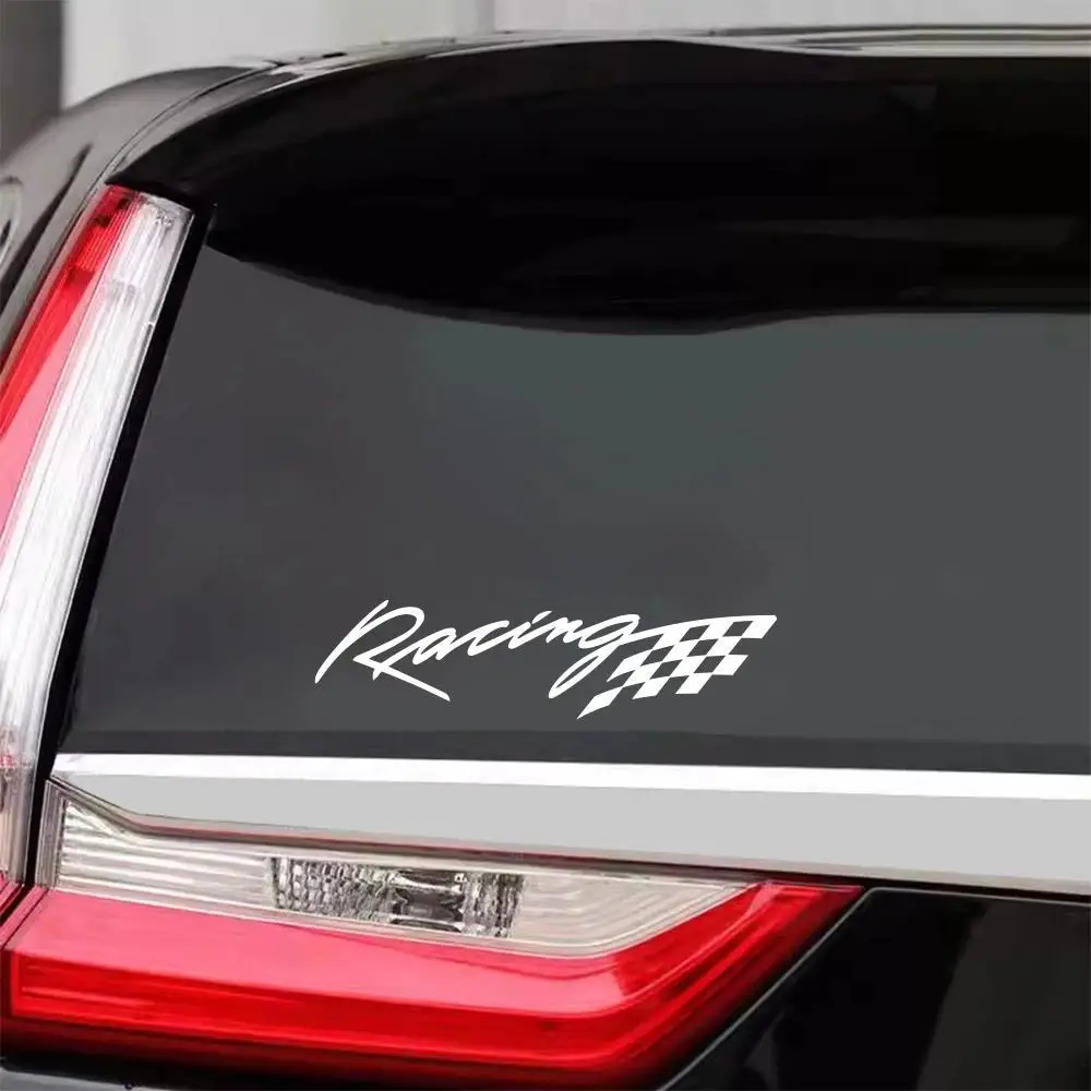 2D Flat, Vinyl Car Decals Measuring-Featuring a Checkered Flag Design And Bold 'Racing' Text, Made from Weather-Resistant Vinyl