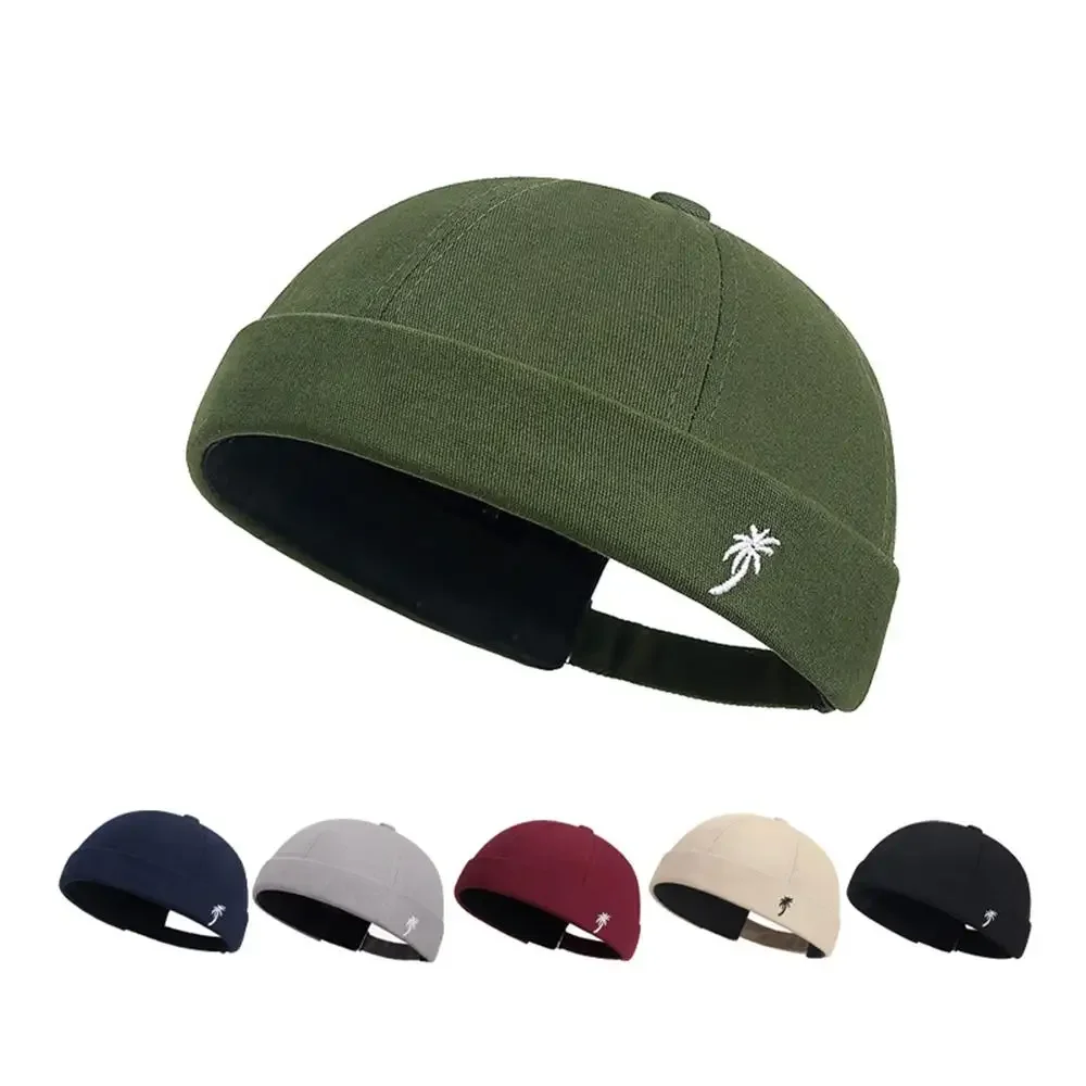 Fashion Solid Color Beanie Hats for Men Women Streetwear Hip Hop Brimless Hat Embroidered Coconut Tree Pattern Docker Cap