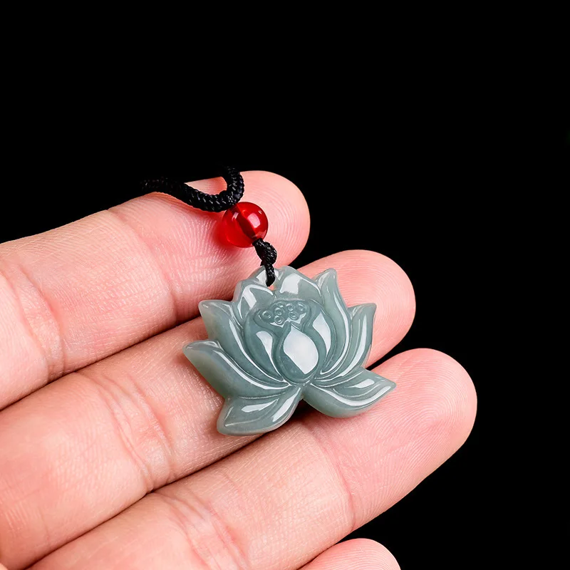 

mai chuang/ Natural Myanmar Blue Water Jade Three-dimensional Lotus Necklace Pendant Fashion Men and Women Couples Gift