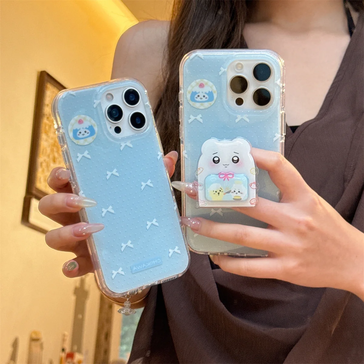 

Korea's cute polka dot Bow Cartoon puppy Stand Phone Case For iPhone 16 15 14 13 Pro Max fundas case Protective cover 16 16pro