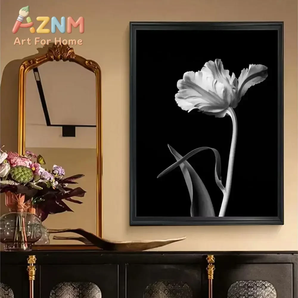 AZNM Black White Floral Canvas Poster Sunflower Tulip Dandelion Monochrome Flower Minimalist Art Print Living Room Wall Decor Un
