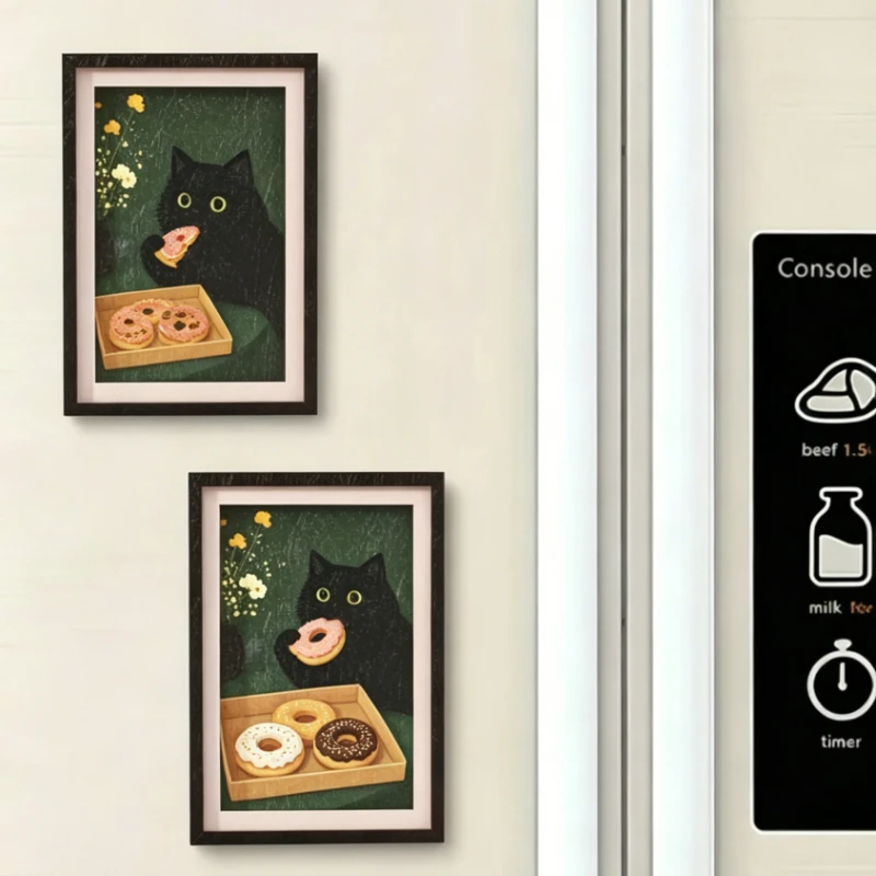 Niedlicher schwarzer Katzen-Donut-Mini-Kühlschrankmagnet, Vintage-Holzrahmen-Kunstdekoration für Küchenkühlschrank, Heim- und Büro-Ornament-Geschenk – Detail 5